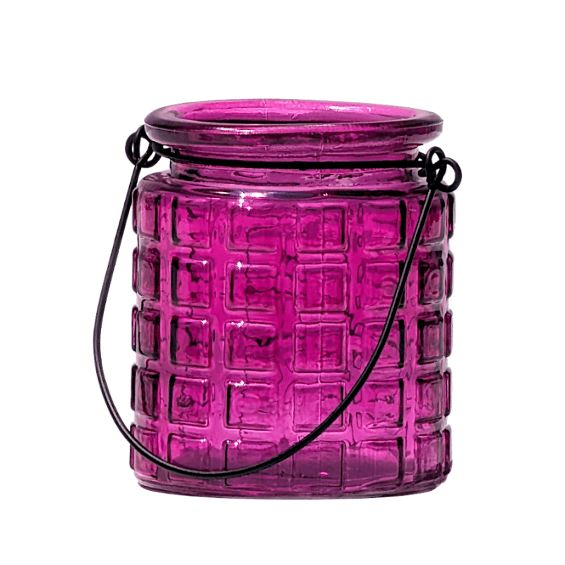 Photophore en verre gaufré teinté fuchsia avec anse en métal noir H9 cm Deco Delight.