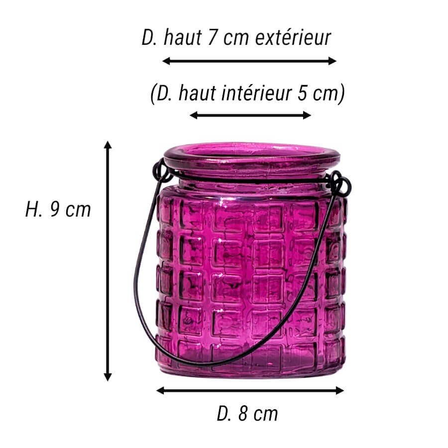 Schéma technique du photophore fuchsia : Hauteur 9 cm, Diamètre 8 cm.