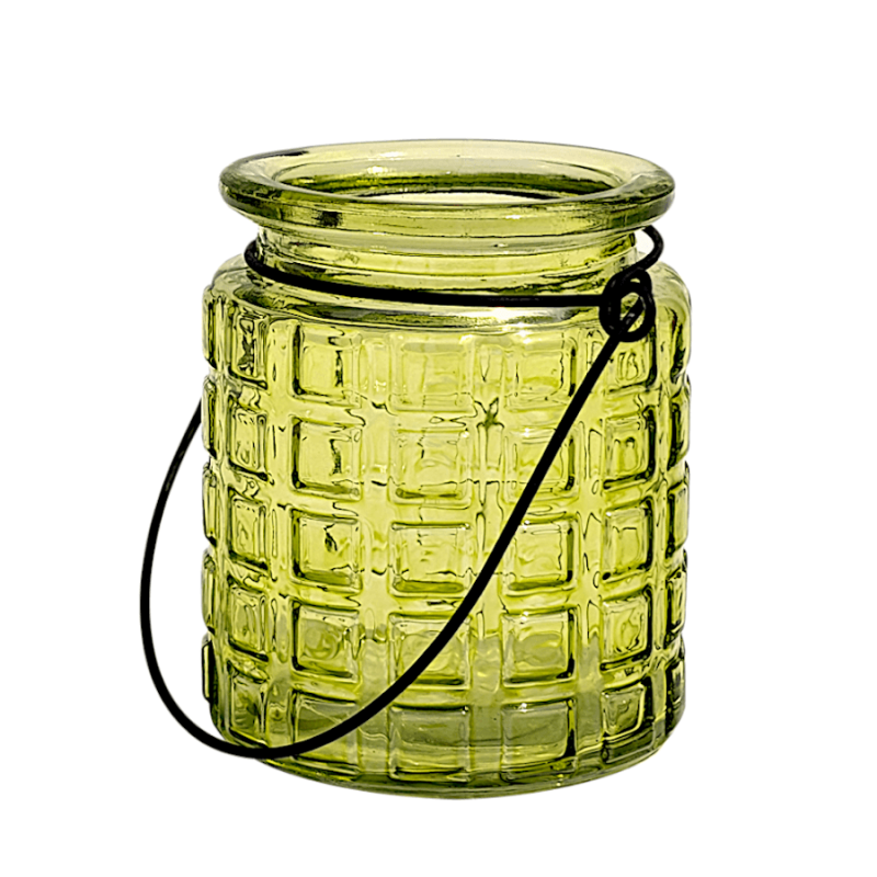 Photophore en verre gaufré teinté vert avec anse métal noir H9 cm Deco Delight.