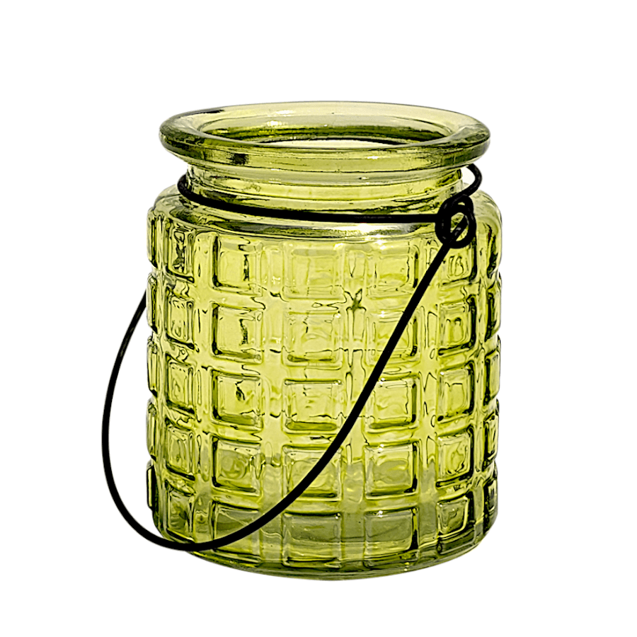 Photophore en verre gaufré teinté vert avec anse métal noir H9 cm Deco Delight.