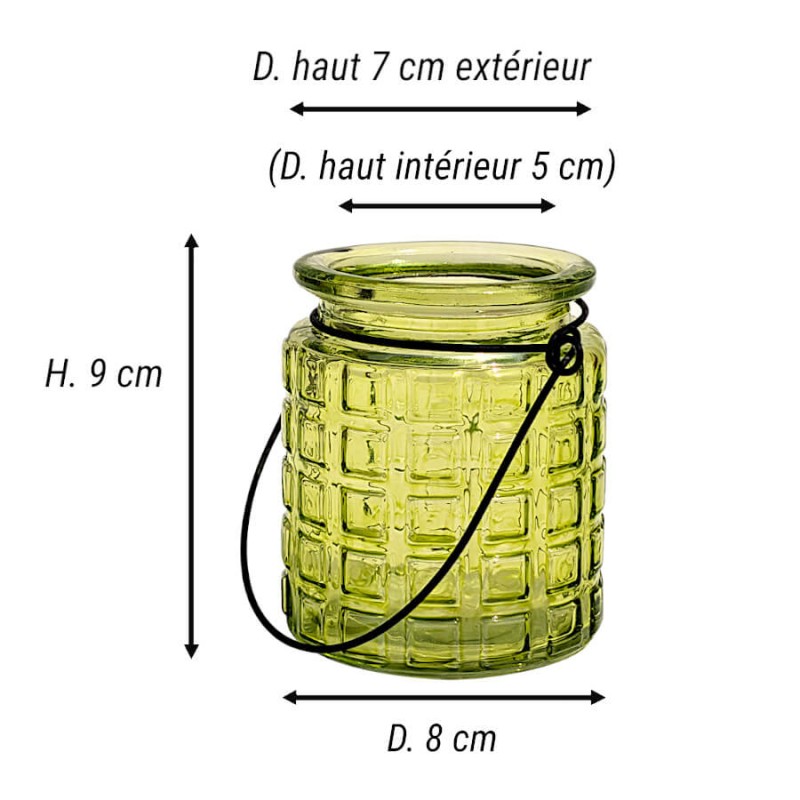 Schéma technique du photophore vert : Hauteur 9 cm, Diamètre 8 cm.