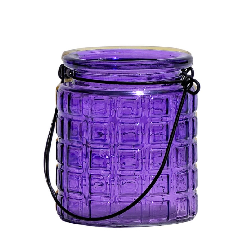 Photophore en verre gaufré teinté violet avec anse métal noir H9 cm Deco Delight.