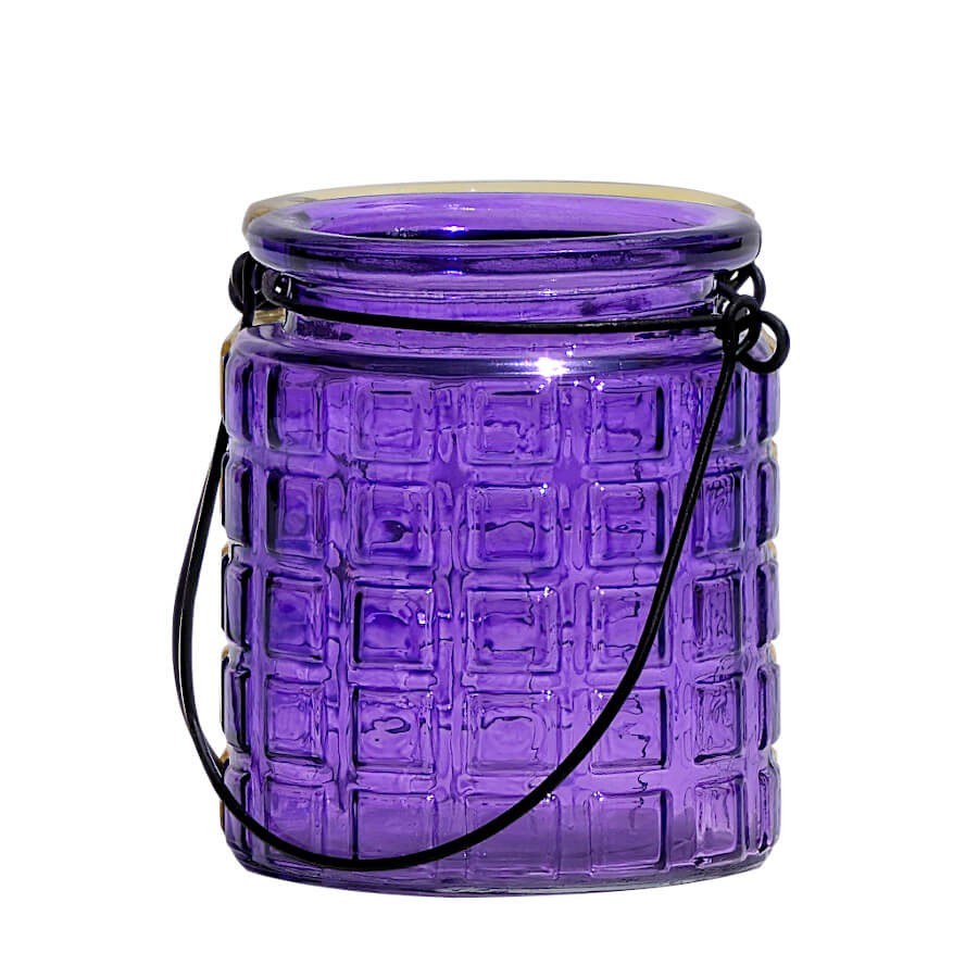 Photophore en verre gaufré teinté violet avec anse métal noir H9 cm Deco Delight.