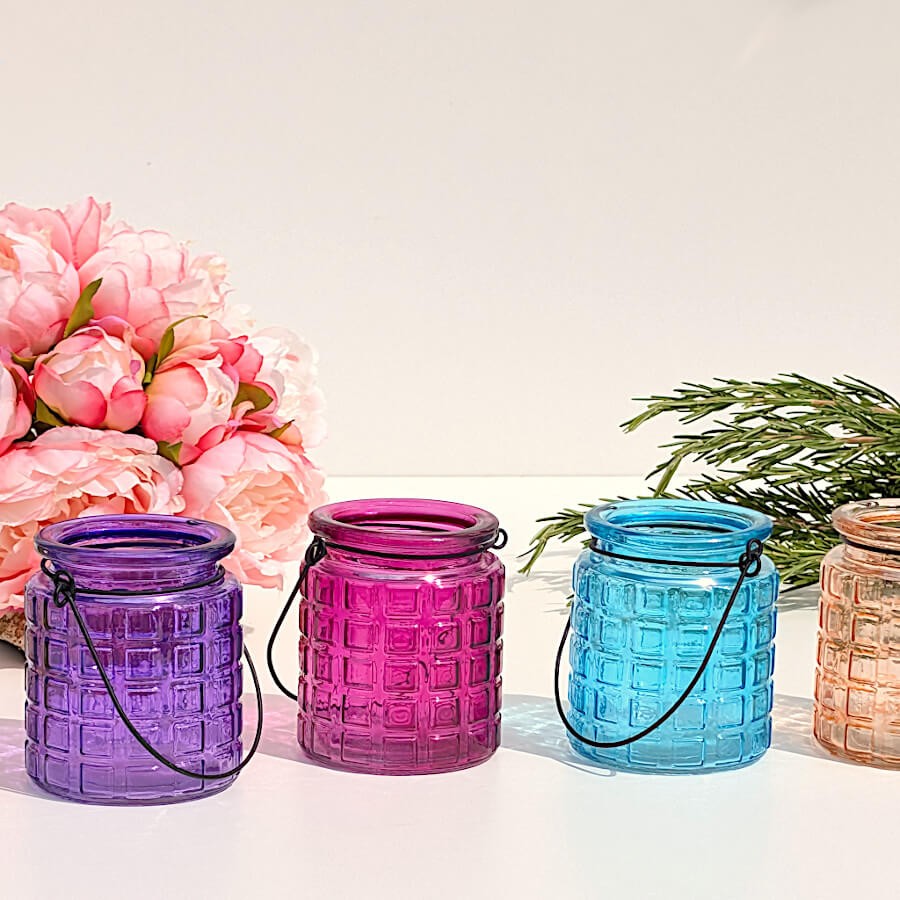 Trio de petits photophores en verre (violet, fuchsia, turquoise)