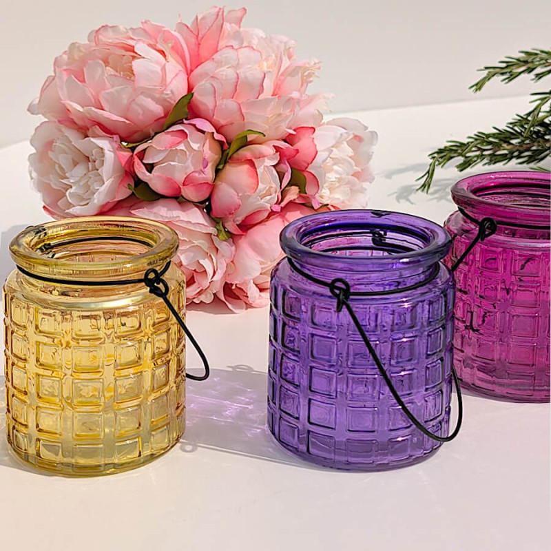 Photophore Verre Gaufré Teinté H9 cm Anse Métal Noir | Deco-Delight