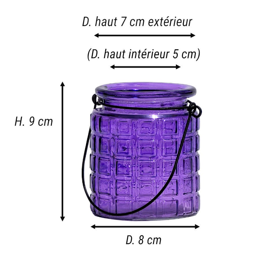 Schéma technique du photophore violet en verre : Hauteur 9 cm, Diamètre 8 cm.