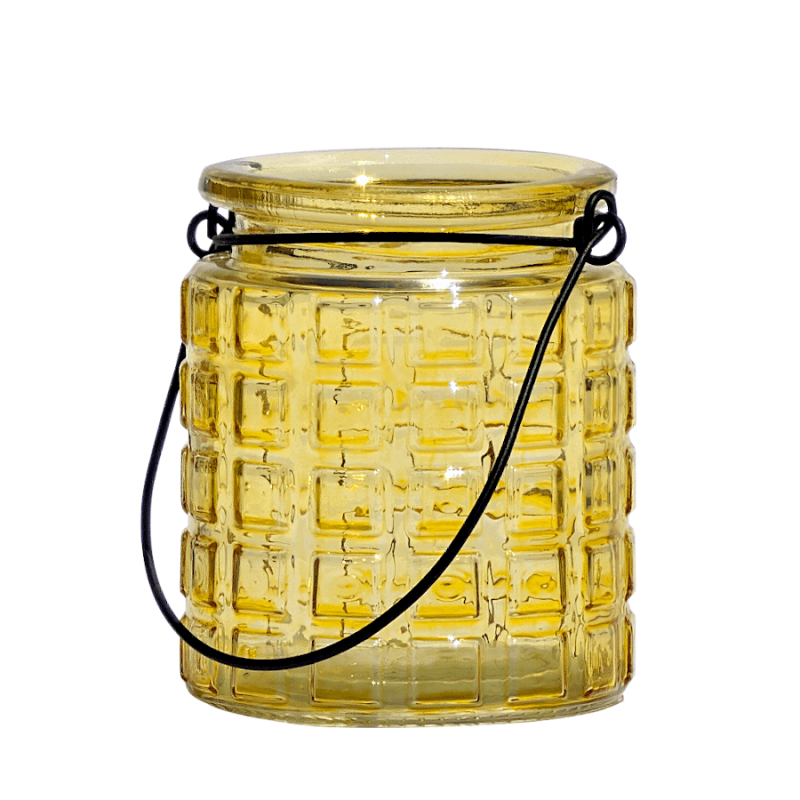 Photophore en verre gaufré teinté jaune avec anse en métal noir H9 cm Deco Delight.
