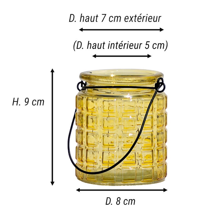 Schéma technique du photophore jaune : Hauteur 9 cm, Diamètre 8 cm.