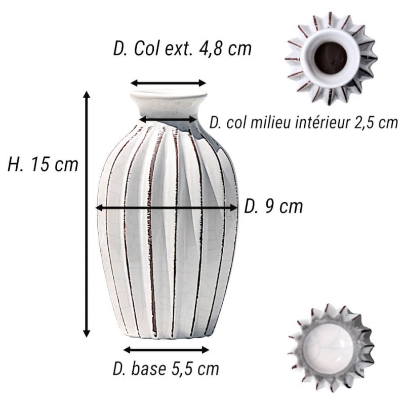 Schéma technique indiquant les dimensions du vase plissé blanc (H 15 cm).