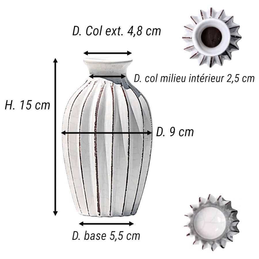 Schéma technique indiquant les dimensions du vase plissé blanc (H 15 cm).