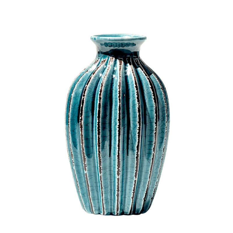 Vase plissé en céramique turquoise au design plissé style origami H 15 cm.