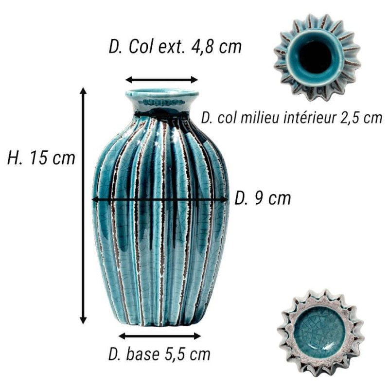 Schéma technique indiquant les dimensions du vase plissé turquoise H 15 cm.