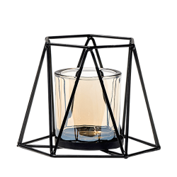 Photophore hexagonal géométrique en métal filaire noir avec réceptacle cylindrique en verre ambré Deco Delight.