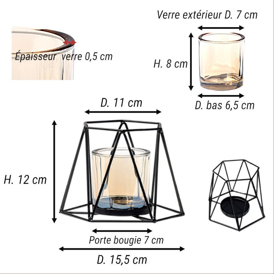 Schéma technique indiquant les dimensions précises : Hauteur 12 cm, Diamètre de la base 15,5 cm, Diamètre supérieur 11 cm.