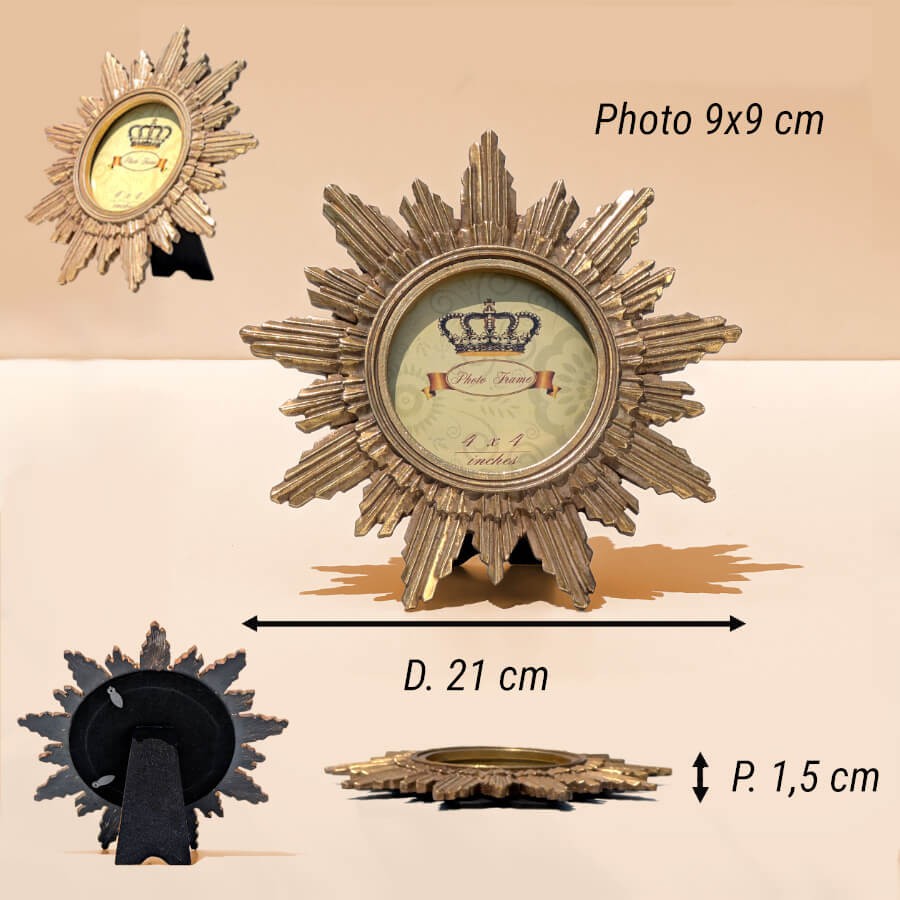 Schéma technique : Diamètre total 21 cm, Fenêtre photo 9 x 9 cm, Épaisseur 1,5 cm.