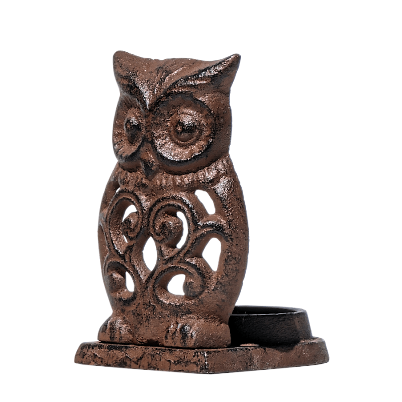 Bougeoir hibou en fonte avec découpes arabesques pour bougie chauffe-plat.
