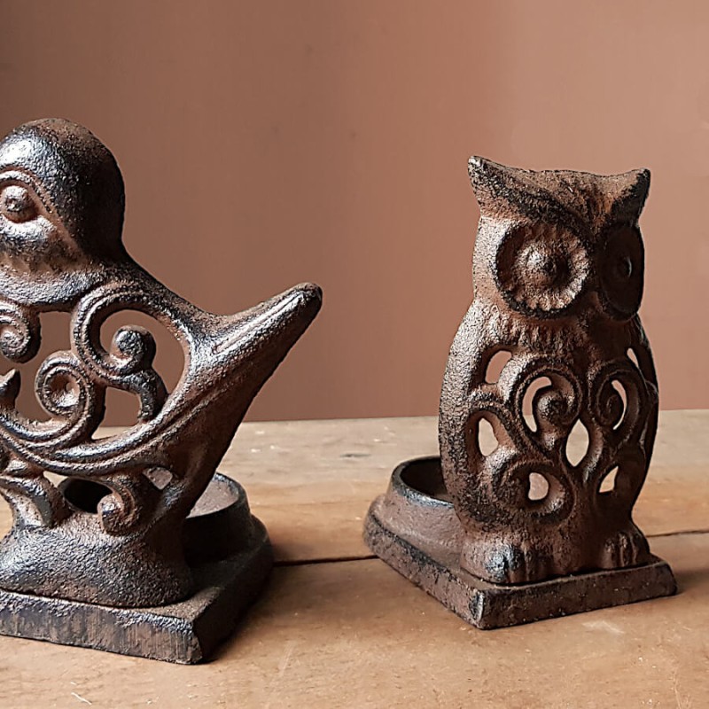 Bougeoir hibou en fonte brun foncé  | Deco-Delight.com