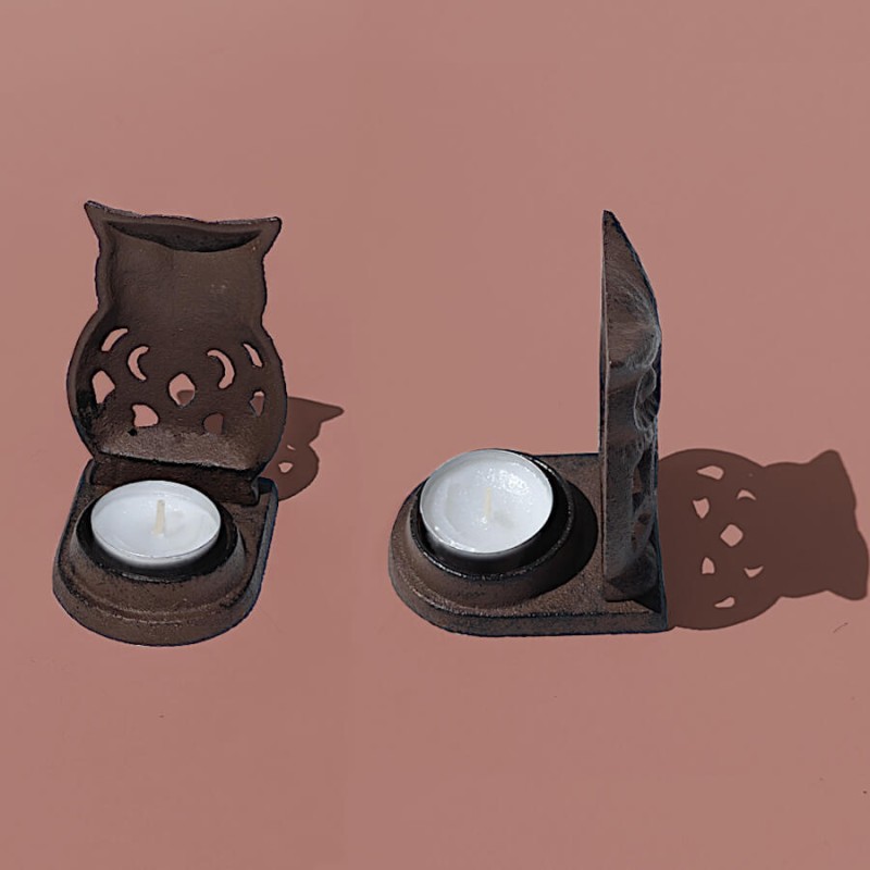 Bougeoir hibou en fonte brun foncé  | Deco-Delight.com