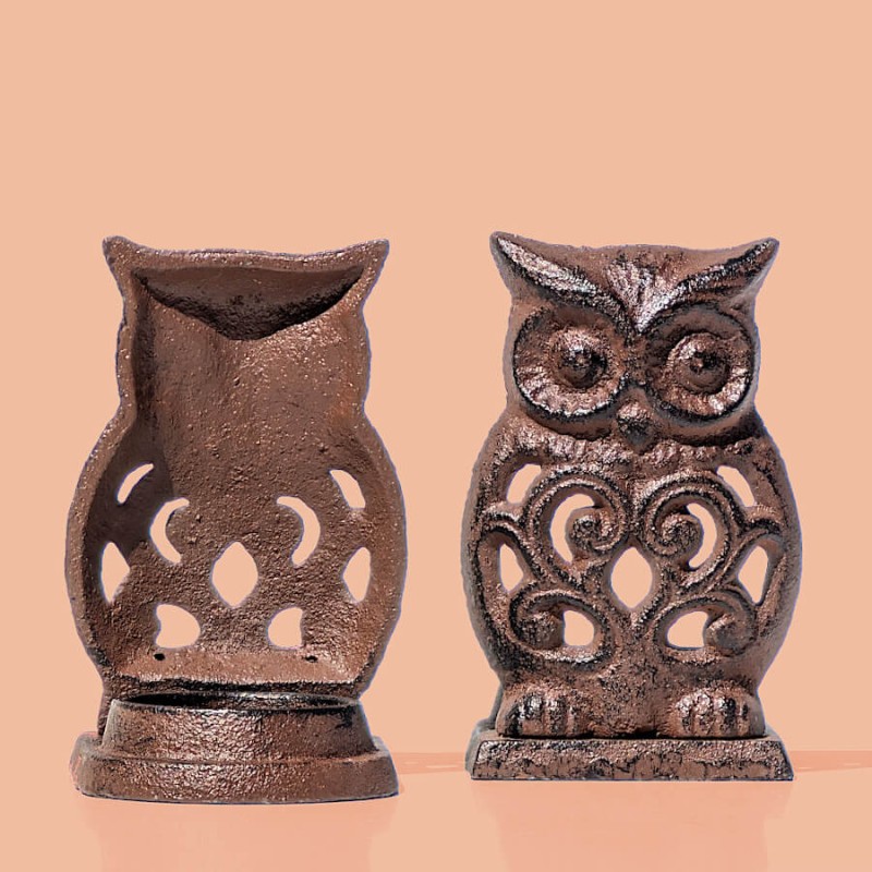 Bougeoir hibou en fonte brun foncé  | Deco-Delight.com