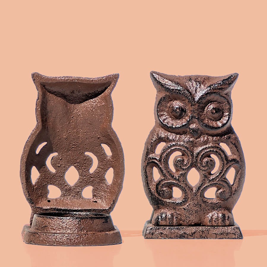 Bougeoir hibou en fonte brun foncé  | Deco-Delight.com