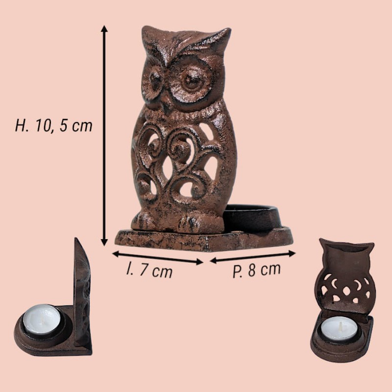 Bougeoir hibou en fonte brun foncé  | Deco-Delight.com