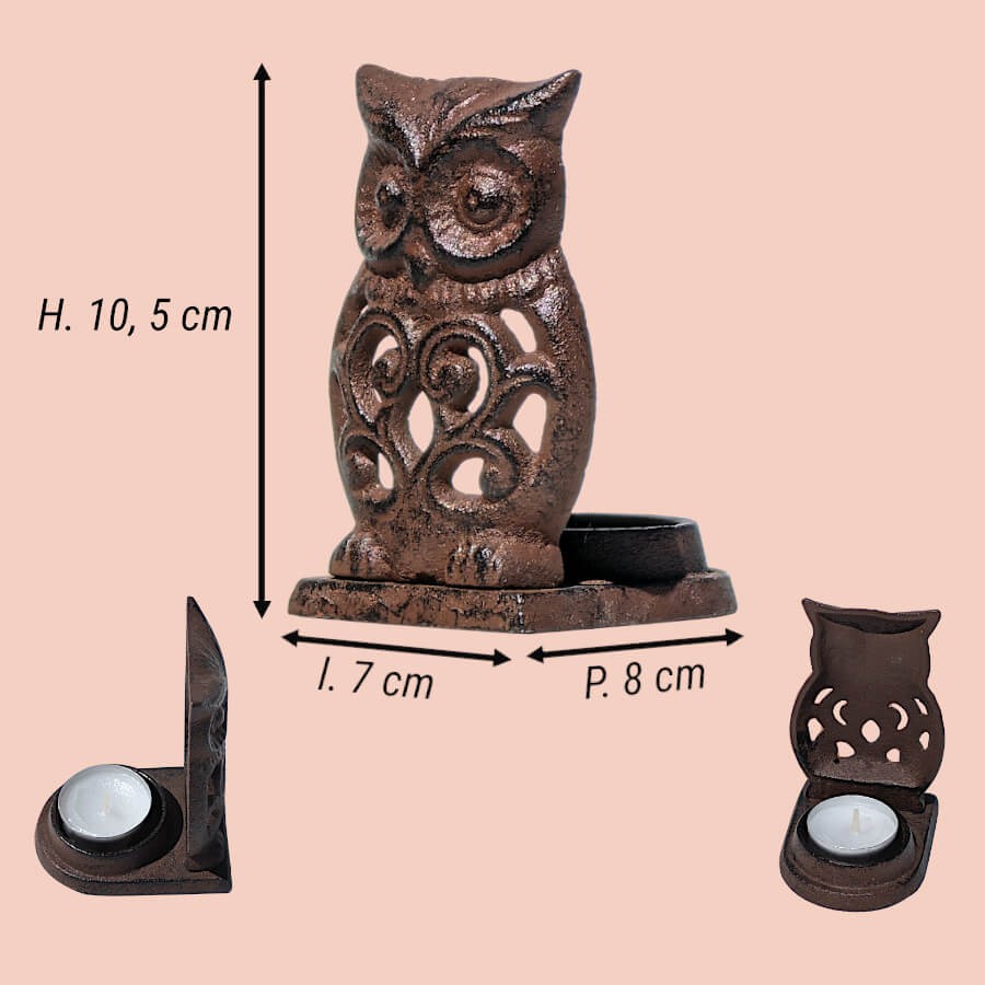 Bougeoir hibou en fonte brun foncé  | Deco-Delight.com