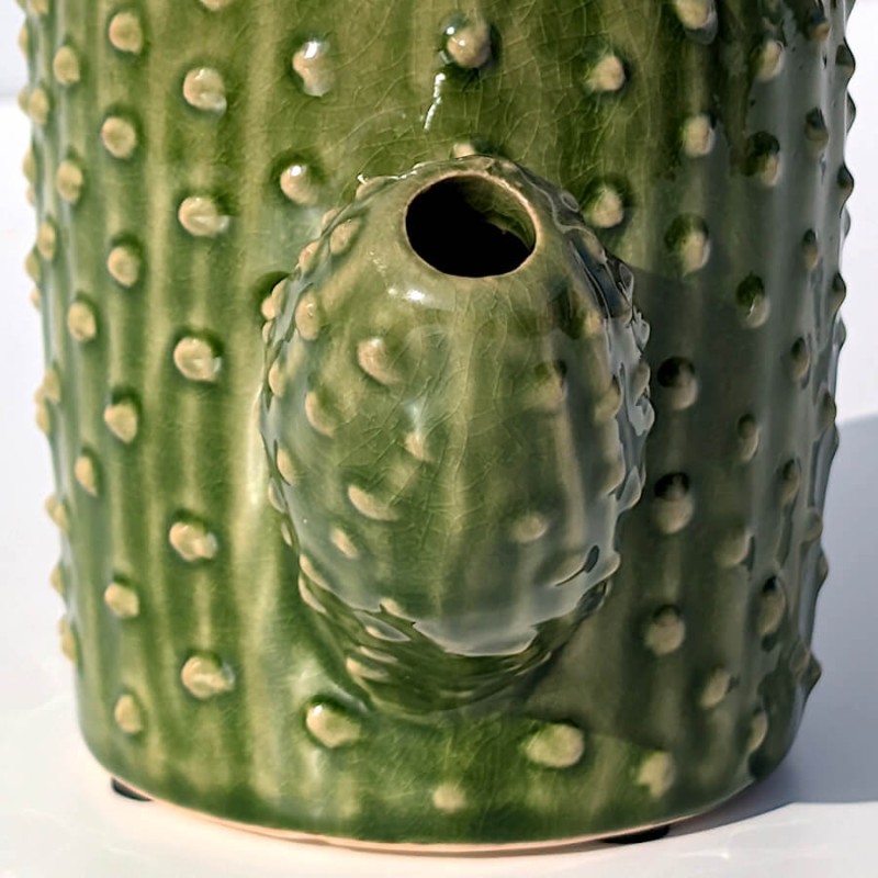 Focus sur l'ouverture secondaire située au bout du bras du vase cactus en céramique.