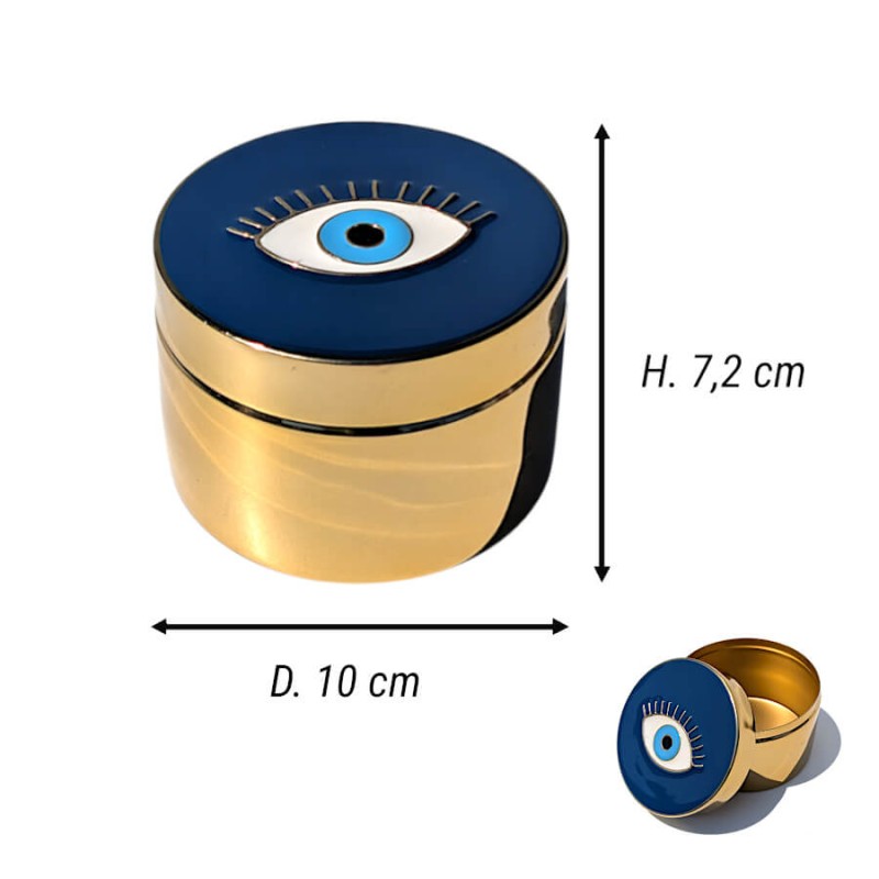 Schéma technique et dimensions de la boîte ronde dorée œil protecteur : Hauteur 7,2 cm et Diamètre 10 cm Deco Delight.