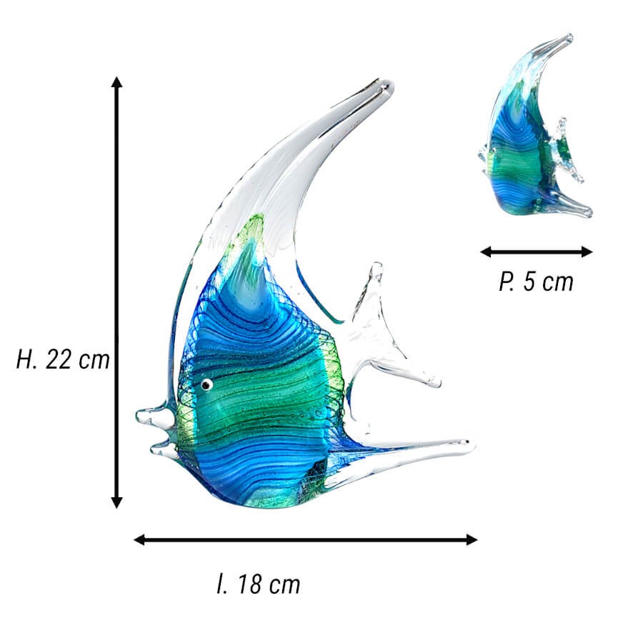 Schéma technique et dimensions du poisson en verre soufflé : H22 cm, L18 cm, P5 cm, proposé par Deco Delight.