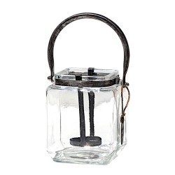 Photophore carré en verre avec anse en métal patiné H14 cm isolé sur fond blanc Deco Delight.
