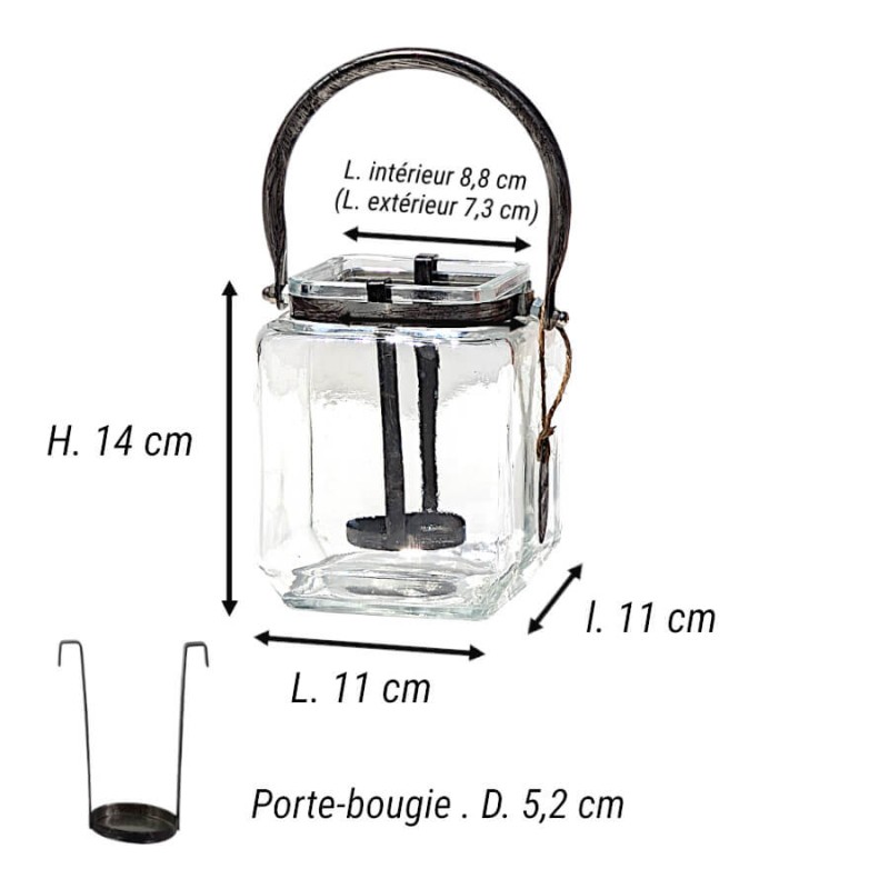Schéma technique et dimensions du photophore : H14 cm, L11 cm, support bougie 5,2 cm Deco Delight.
