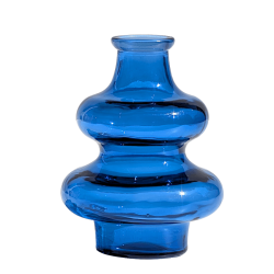 Vase en verre bleu 2 boules style années 70 H16 cm isolé sur fond blanc Deco Delight.