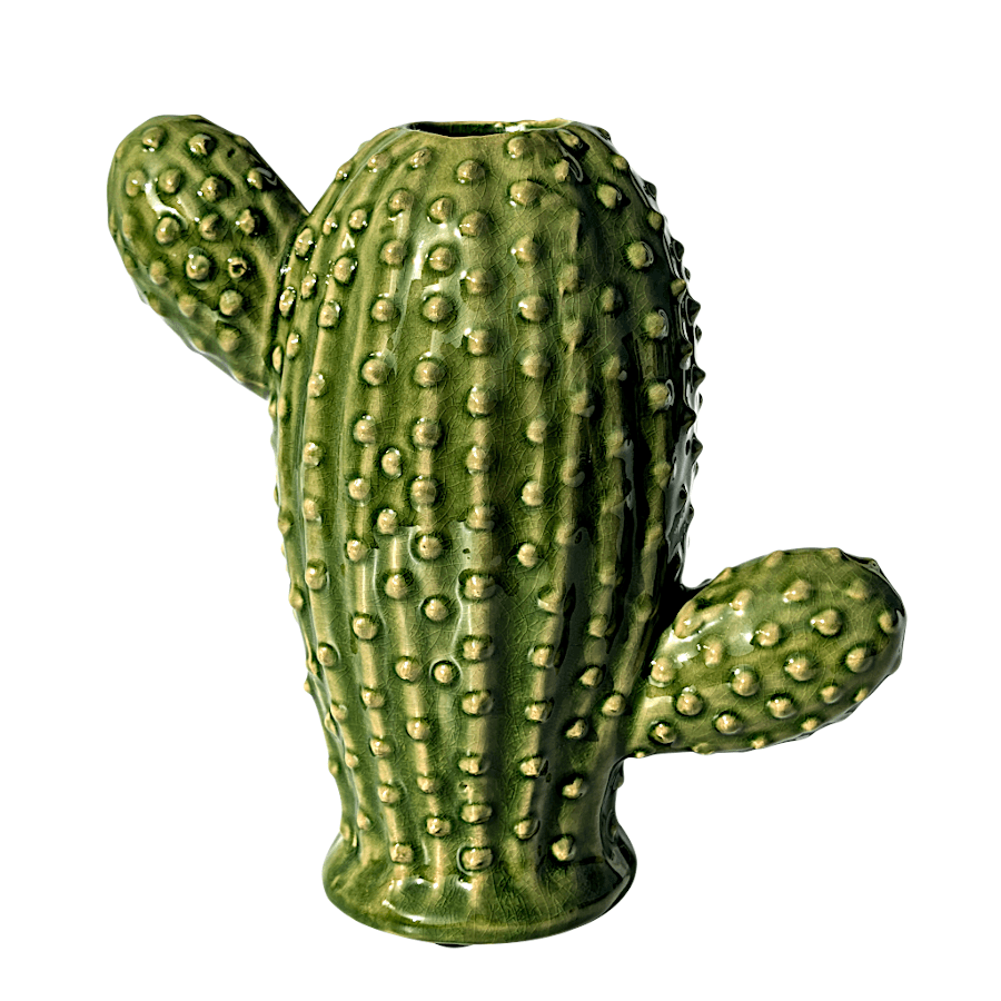Vase en céramique émaillée vert brillant forme cactus H21,5 cm de  Deco Delight sur fond blanc.