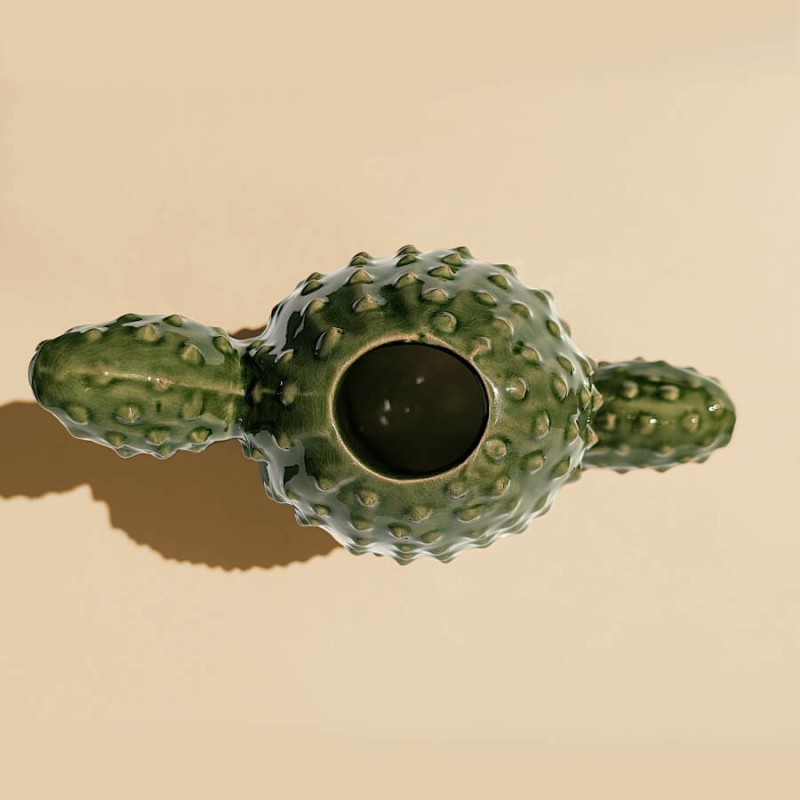 Vue plongeante sur l'ouverture supérieure ovale du vase cactus en céramique.