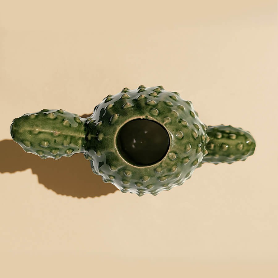 Vue plongeante sur l'ouverture supérieure ovale du vase cactus en céramique.