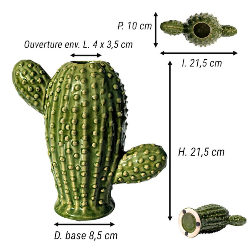 Schéma technique et dimensions du vase cactus : H 21,5 cm, L 21,5 cm, D base 8,5 cm Deco Delight.