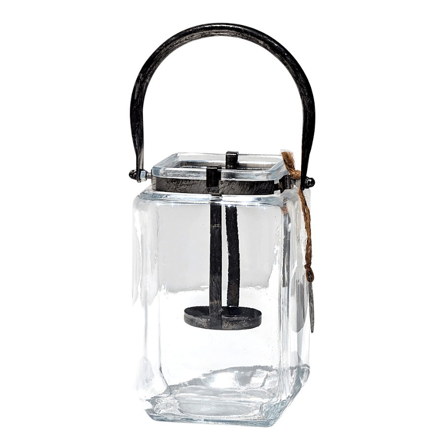 Lanterne carrée grand modèle en verre transparent avec anse en métal patiné et médaillon H18 cm sur fond blanc Deco Delight.