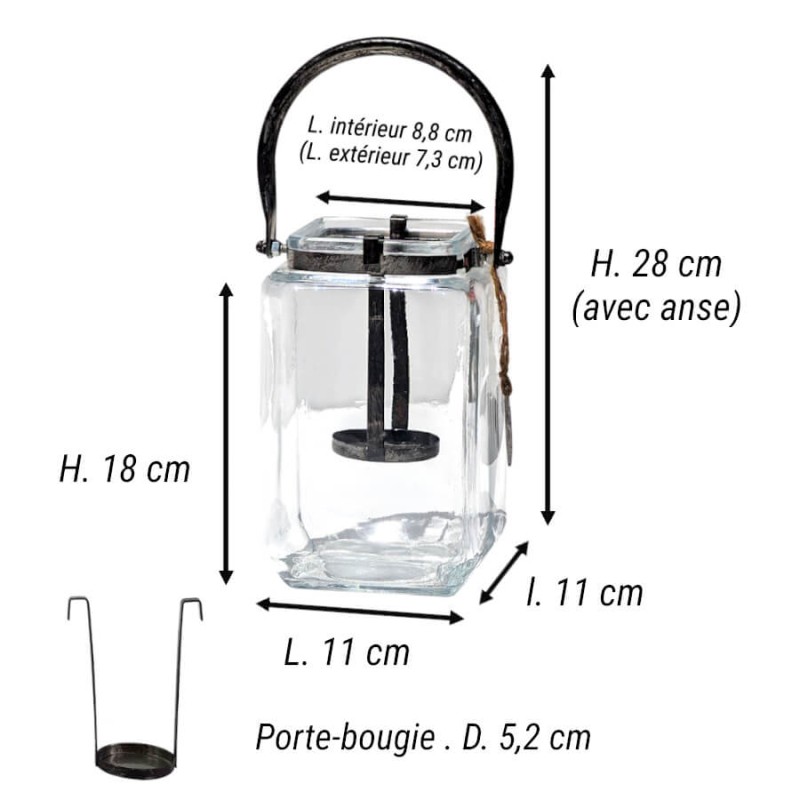 Dimensions de la lanterne grand modèle : H 18 cm (H 28 cm avec anse), L 11 x l 11 cm, sur Deco Delight.