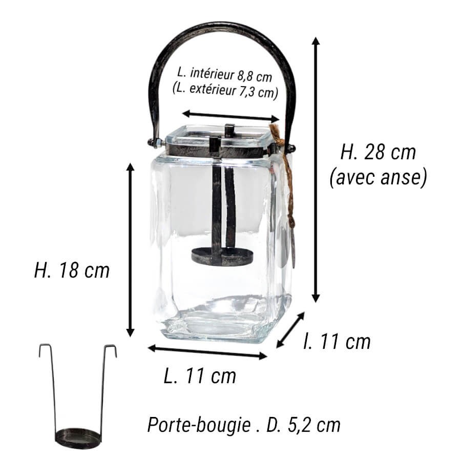 Dimensions de la lanterne grand modèle : H 18 cm (H 28 cm avec anse), L 11 x l 11 cm, sur Deco Delight.