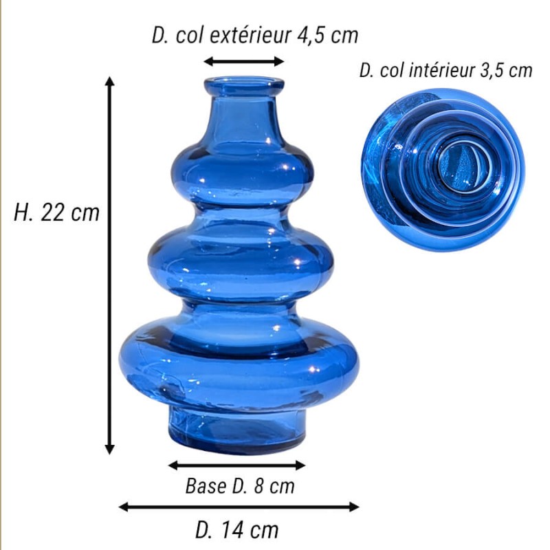 Dimensions du vase 3 boules : H 22 cm, D base 8 cm, D max 14 cm, D col ext 4,5 cm, D col int 3,5 cm, Deco Delight.