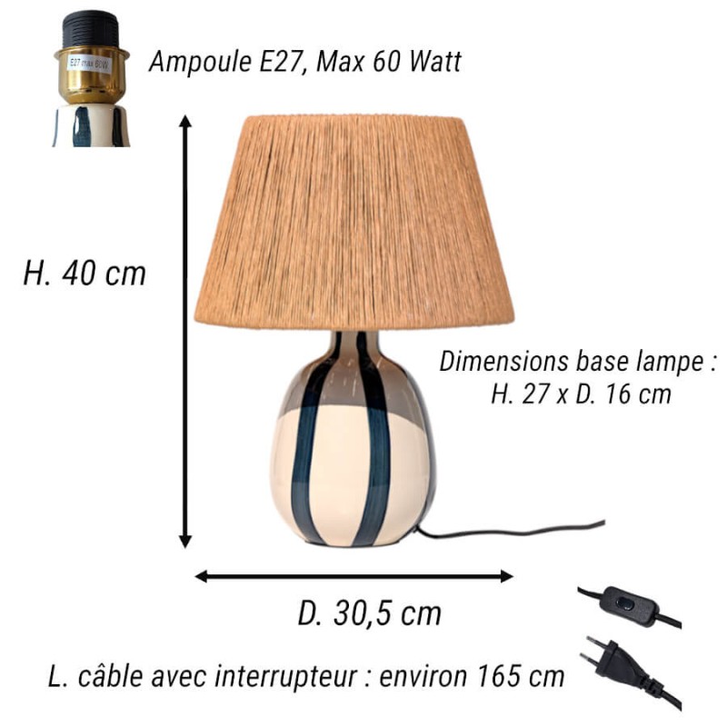 dimensions de la lampe Riviera : H 40 cm, D 30,5 cm, base H 27 x D 16 cm, câble 165 cm, douille E27 max 60W.