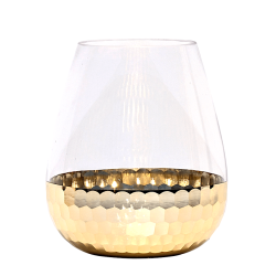 Photophore doré forme goutte en verre transparent et base martelée dorée H16 cm sur fond blanc, de Deco Delight.