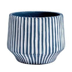 Cache-pot cannelé à rayures verticales bleu capri et blanc grand modèle sur fond blanc Deco Delight.