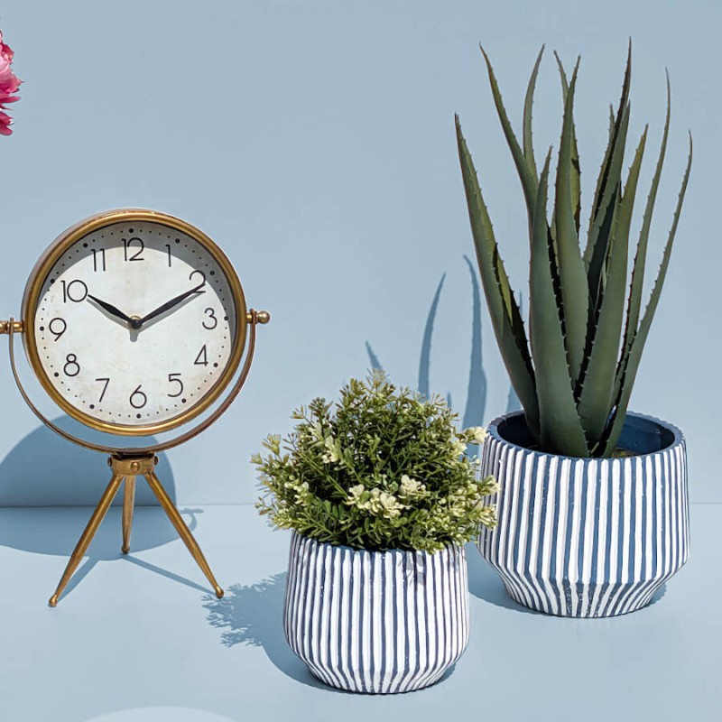 Décoration d'intérieur avec petit et grand cache-pot à rayures bleues garni d'aloe vera et horloge dorée sur trépied Lapérouse.