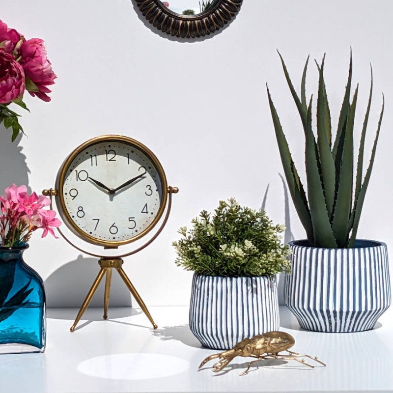 Décoration lumineuse avec plantes vertes en cache-pot rayé bleu, statuette scarabée doré et horloge rétro.