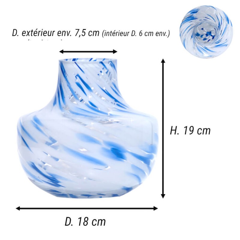 Schéma technique et dimensions du vase en verre opalin : Hauteur 19 cm, diamètre base 18 cm, col extérieur 7,5 cm Deco Delight.