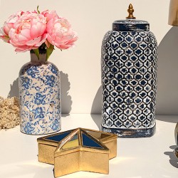 Pot céramique oriental bleu noir blanc H38 cm | Deco-Delight.com
