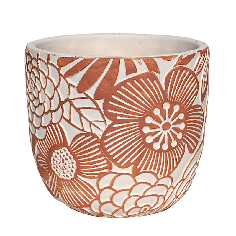 Cache-pot en ciment terracotta et blanc avec motifs floraux seventies gravés Deco Delight.