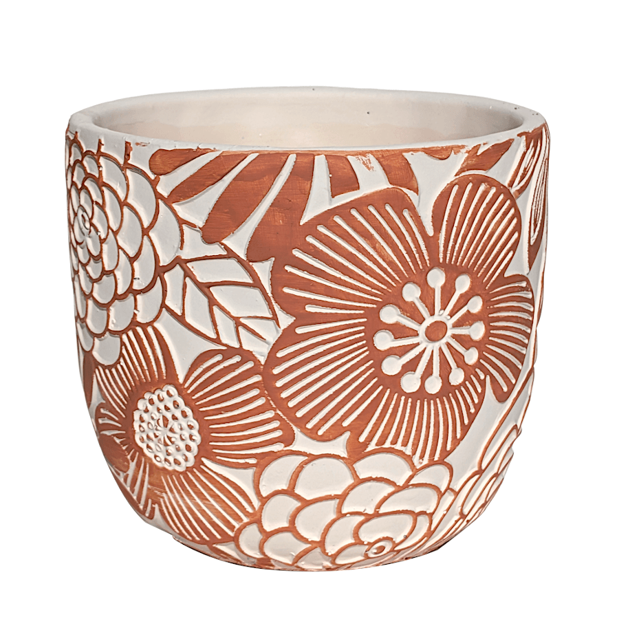 Cache-pot en ciment terracotta et blanc avec motifs floraux seventies gravés Deco Delight.
