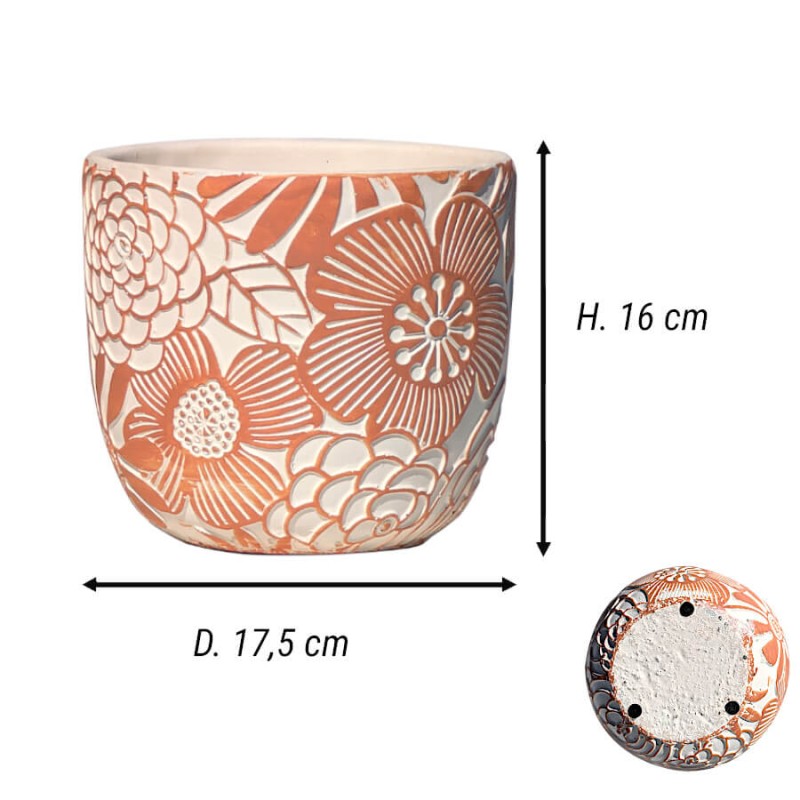 Dimensions et vue de dessous du pot montrant les patins en mousse de protection contre les rayures.